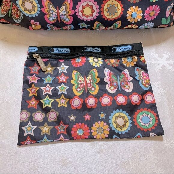 Large Lesportsac Tote Shopper & Makeup Bag Butterfly & Floral Zip Closure - Picture 2 of 6
